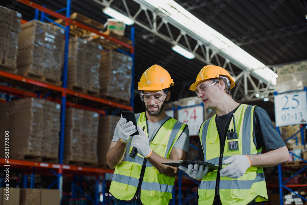 Two warehouse workers wearing helmets and safety vests checking inventory data on tablets in storage facility, demonstrating teamwork and use of digital tools in logistics. Two warehouse workers wearing helmets and safety vests checking inventory data on tablets in storage facility, demonstrating teamwork and use of digital tools in logistics.