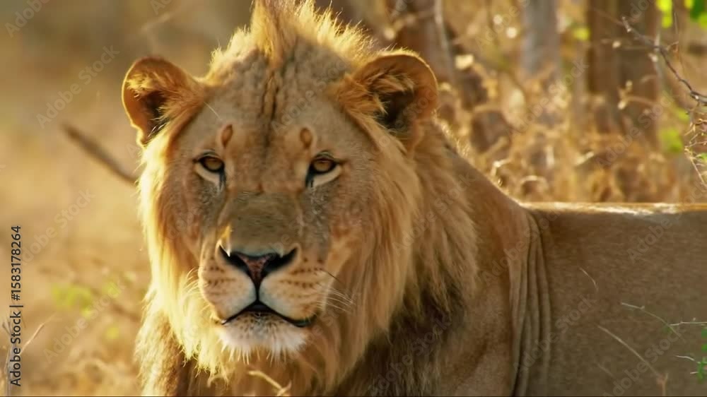 Lion Resting in African Savannah at Sunrise Profile View Lion Resting in African Savannah at Sunrise Profile View