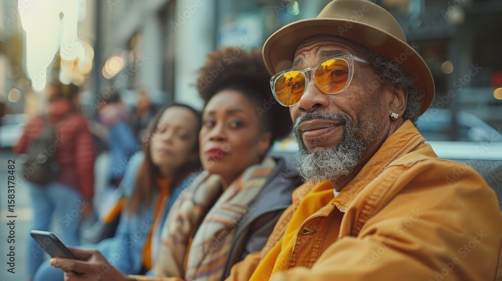 Fototapeta premium A stylish senior man with a gray beard, hat, and orange sunglasses looks confidently at the camera while sitting with two women, exuding a cool, relaxed vibe in a busy urban setting