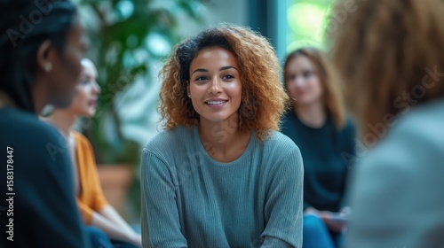 A smiling young woman with curly hair participates in a support group or therapy session, listening with an engaged and positive expression, fostering a sense of community and connection