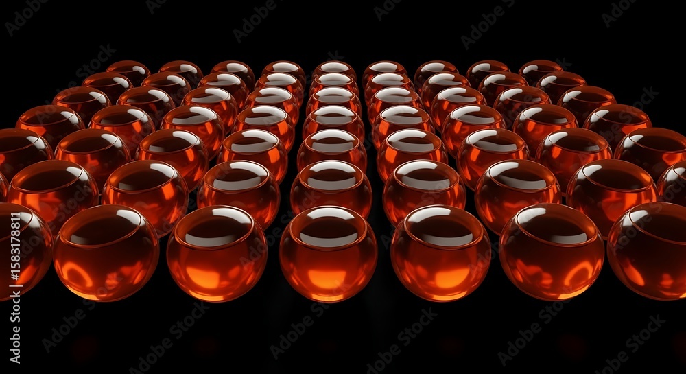 Fototapeta premium Rows of amber spheres reflected on a black surface, abstract design composition