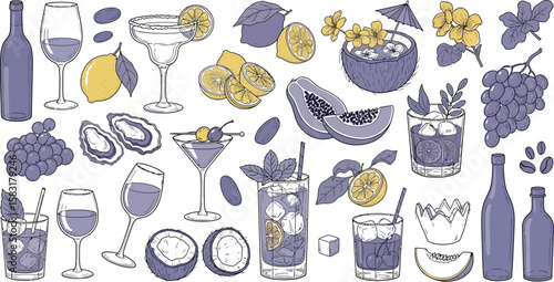 Enjoy fresh cocktails, tropical fruits and wine in this hand-drawn vector set