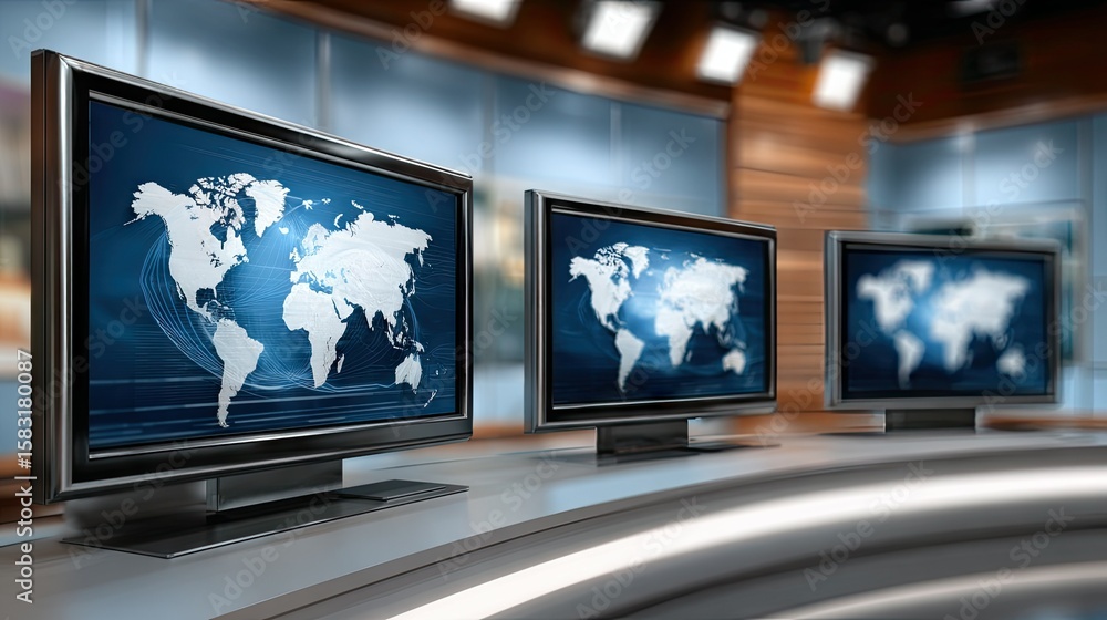Fototapeta premium Dynamic blurred background of a modern TV studio featuring multiple screens and a vibrant news banner ideal for creative projects and virtual applications