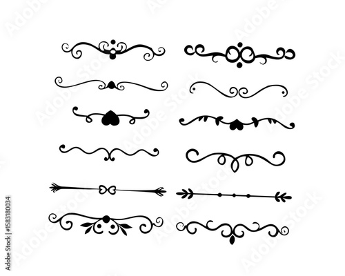 text dividers doodle set. Wedding decorative elements. Divider ornament, borders, floral, vintage line separators. Hand drawn vector illustration isolated on white background. Set page dividers.