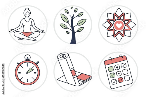 Yoga meditation tree flower stopwatch mat calendar icons vector