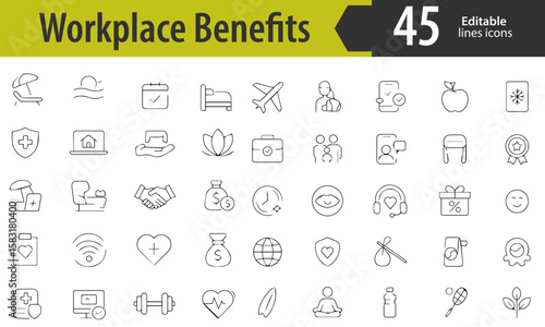 Workplace Benefits Line Icons, Health Insurance, Paid Vacation, Remote Work, Bonuses, Wellness Program, Editable Formats: AI, EPS, PNG, Ideal for Both UI and Print Media Use

