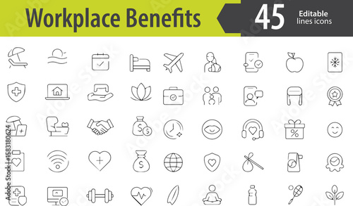 Workplace Benefits Line Icons, Health Insurance, Paid Vacation, Remote Work, Bonuses, Wellness Program, Editable Formats: AI, EPS, PNG, Ideal for Both UI and Print Media Use
