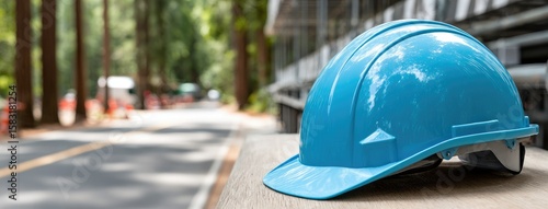 Bulldozer creates new road in forest near Russian city on a sunny day with blue helmeted driver at construction site