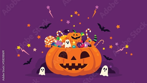 A pumpkin overflowing with candy and spooky decorations for halloween night celebration scene is here