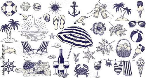 Summer beach doodles with vacation seaside elements in sketch style