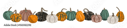 Pumpkins border garland composition isolated on white. Cozy small gourds autumn decoration. Vector squash set illustration