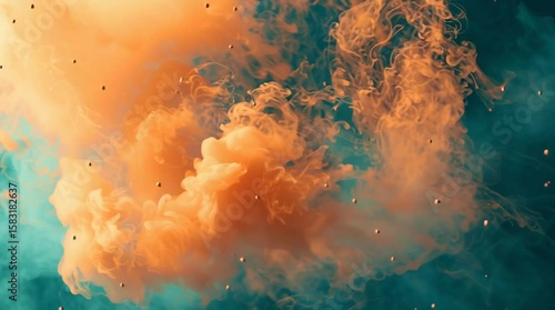 Mystic Clouds in Aqueous Realm: An abstract composition, where vivid orange and turquoise hues coalesce, suggesting swirling cloud formations.