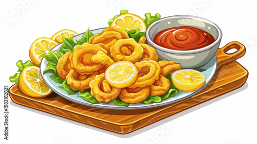 A close-up Delicious golden fried calamari served with lemon wedges and a spicy dipping sauce, perfect for any seafood lover's meal. Very beautiful white background