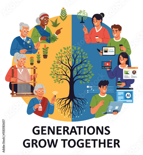 Intergenerational Friendship Vector - Tradition-Tech Knowledge Swap.