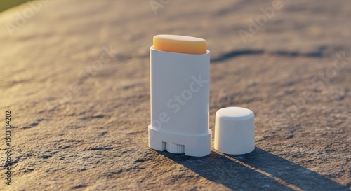 A close-up shot of a white sunscreen stick with its cap resting nearby on a textured rock surface.