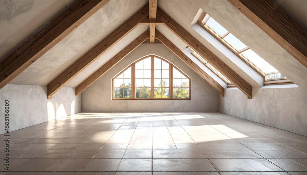 Fototapeta premium Attic Room with Wooden Beams and Natural Light