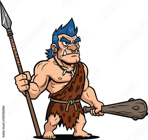 Cartoon caveman holding spear and club, muscular prehistoric warrior illustration, tribal primitive man character, stock drawing, vector art design Cartoon caveman holding spear and club
