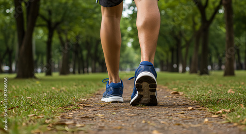 Healthy Lifestyle: Person Walking or Running on Park Path. Focus on Legs and Sneakers