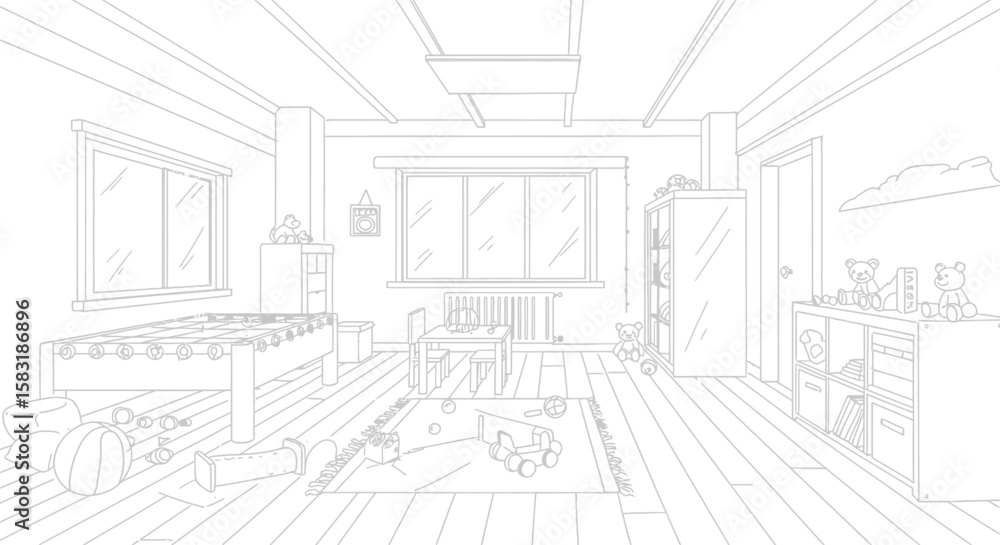 Fototapeta premium Modern Line Art Vector Illustration of Kids Game Room with Sport Equipment & Toys