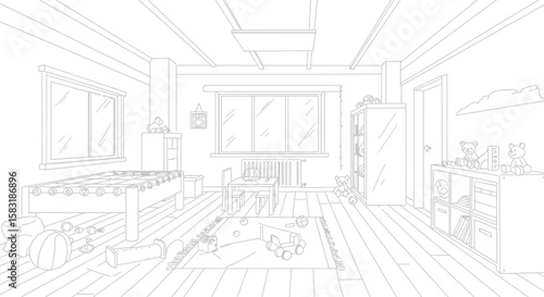 Modern Line Art Vector Illustration of Kids Game Room with Sport Equipment & Toys
