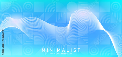 Abstract blue gradient vector background with shining lines waves and geometric Bauhaus pattern. Minimalist modern creative illustration for banner, cards, poster, cover, flyer, social media, ads