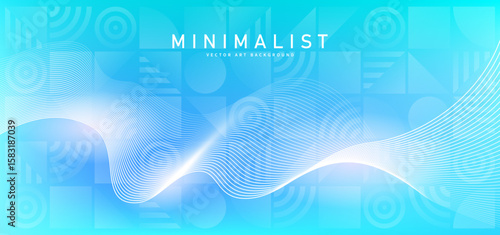 Abstract blue gradient vector background with shining lines waves and geometric Bauhaus pattern. Minimalist modern creative illustration for banner, cards, poster, cover, flyer, social media, ads