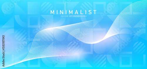 Abstract blue gradient vector background with shining lines waves and geometric Bauhaus pattern. Minimalist modern creative illustration for banner, cards, poster, cover, flyer, social media, ads