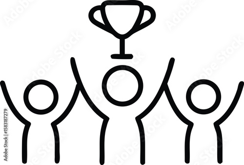 Teamwork Success: Three People Celebrating a Victory with a Trophy Icon