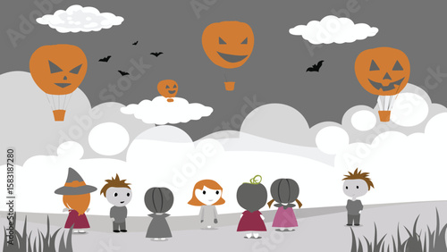 Cartoon halloween scene featuring children in costumes and pumpkin shaped hot air balloons in the sky