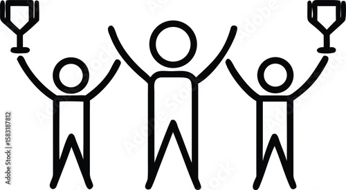 Teamwork Triumph: Celebrating Success, Three Figures Holding Trophies, Winning Team, Achievement Icon, Victory Illustration, Award...