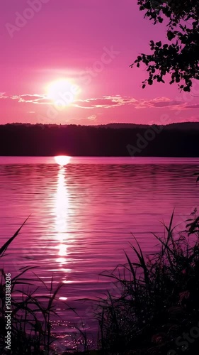 Anime Style Pink Sunset Reflections on Calm Lake with Silhouette Trees Manga Vibes