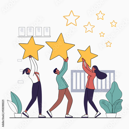 Teamwork for Excellence Three People Holding Up Stars for a Five Star Review and Customer Satisfaction Cartoonish Style
