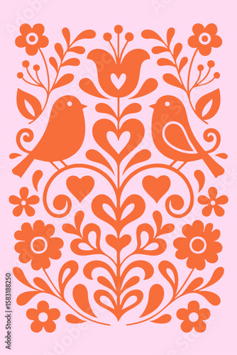 Two orange birds with hearts and flowers in folk decorative design.