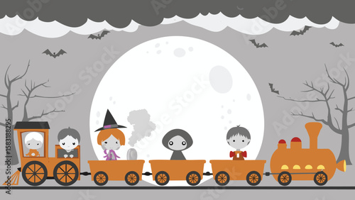 Halloween train with kids in costumes under a full moon with bats and spooky trees background scene