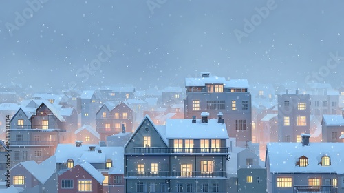 Cozy winter evening scene with snow falling on european style houses