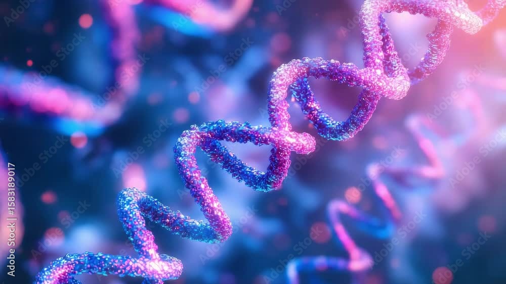 Close up view of a DNA double helix strand vibrant purple and blue hues bokeh background Close up view of a DNA double helix strand vibrant purple and blue hues bokeh background