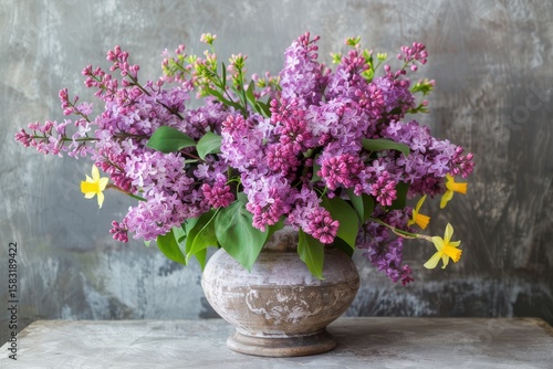 Wallpaper Mural Beautiful lilac and yellow flowers arranged in a decorative vase on a gray table Torontodigital.ca