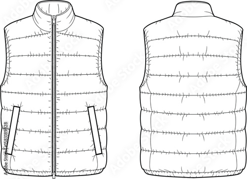 Cad drawing flat vector illustration of puffer vest, fashion apparel sketch front and back view, garment design, outerwear template