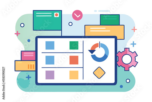 Abstract illustration depicting data analysis and business process management with charts and workflow elements.