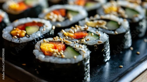 Close up of maki sushi rolls featuring vegetables seaweed rice and sesame seeds presented on a dark textured surface