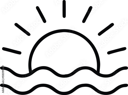 Simple Line Art Icon of a Sunset Over the Ocean Waves, Perfect for Summer Designs...
