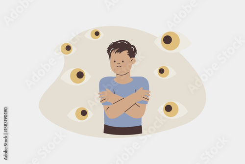 Person Experiencing Paranoia and Fear from Watchful Eyes Illustration