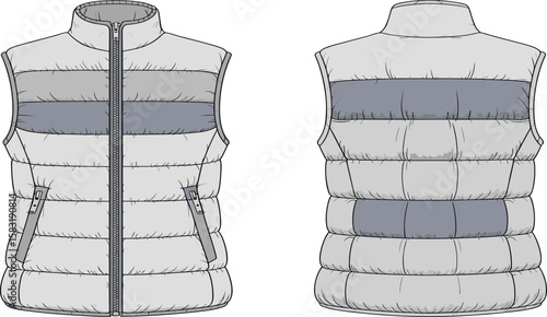 Stylish puffer vest CAD drawing, front and back view vector, winter wear fashion illustration, sleeveless padded jacket design