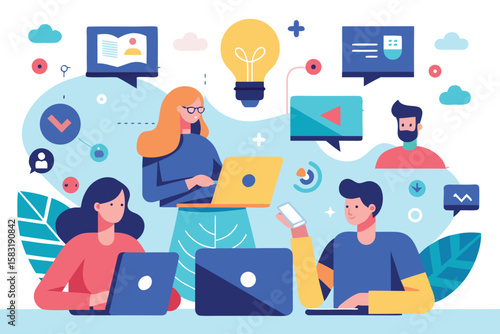 Collaboration and innovation team using digital technology and modern devices to develop new business strategy
