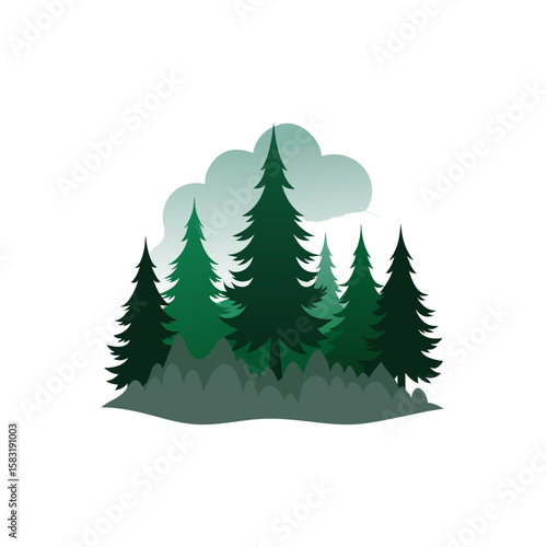 realistic pine forest shrouded in early morning 