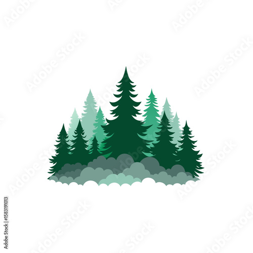 realistic pine forest shrouded in mist on white 