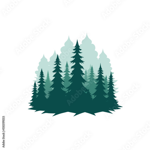 realistic pine forest shrouded in mist on white 