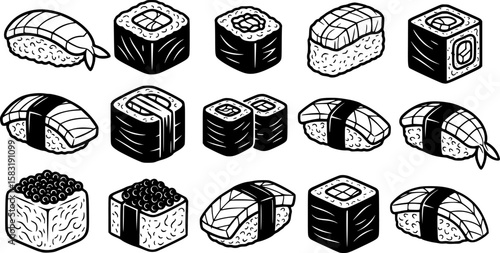 Japanese Sushi Silhouette Icon Collection Set Vector Illutration on White Background
