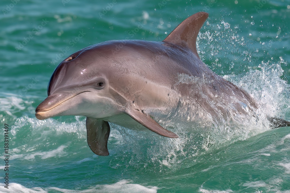 Fototapeta premium Dolphin leaps gracefully through turquoise waters during sunny afternoon near coastal shoreline