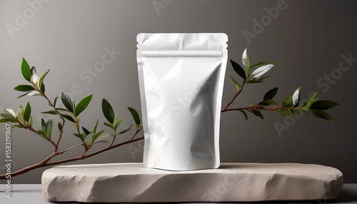 photo of a white mylar stand up pouch on top of an empty stone podium with a branch next to it against a muted background the mock up has no text or graphics and is designed for branding